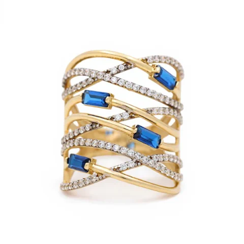 14K Yellow Gold Fashion Women's Ring with Blue Cz / Size 8.5 / Weight: 6.1GR / DOWR4FS-14