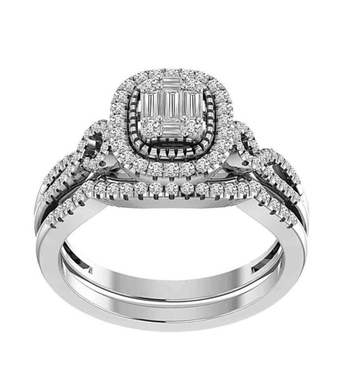 LADIES BRIDAL SET 0.50CT ROUND/BAGUETTE DIAMOND 14K WHITE GOLD SIZE 7