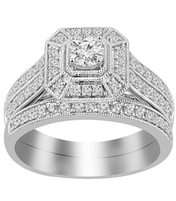 LADIES BRIDAL SET 1.00CT ROUND DIAMOND 10K WHITE GOLD SIZE 7 (CENTER STONE 0.33CT ROUND DIAMOND)