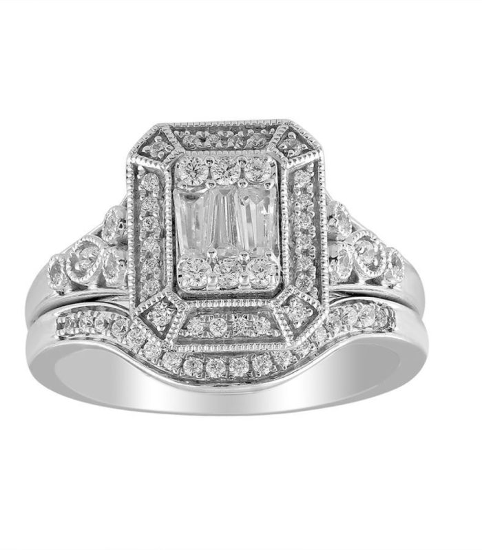 LADIES BRIDAL SET 0.50CT ROUND/BAGUETTE DIAMOND 10K WHITE GOLD SIZE 7