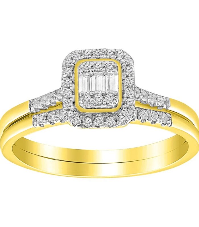 LADIES BRIDAL SET 0.25CT ROUND/BAGUETTE DIAMOND 10K YELLOW GOLD SIZE 7