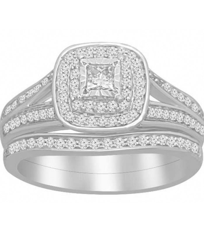 LADIES BRIDAL RING 0.50CT ROUND/PRINCESS DIAMOND 10K WHITE GOLD SIZE 7