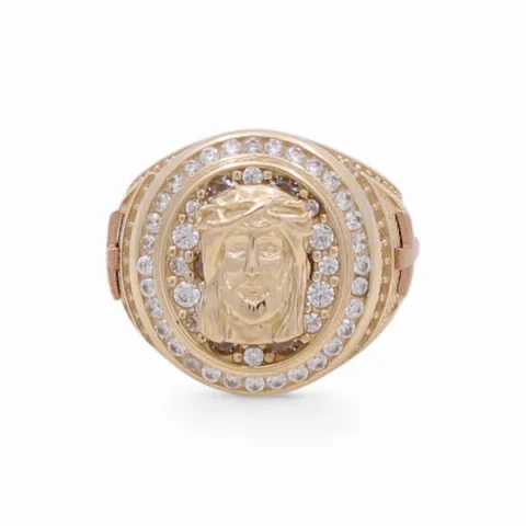14K Yellow and Rose Gold Christ Head Men's Ring with White Cz / Size: 10.5 / Weight: 9.4 GR / DQMRTT4CR