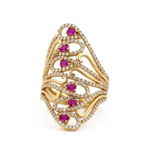 14K Yellow Gold Fashion Women's Ring with Pink Cz / Size 8 / Weight: 5.4 GR / DOWR4FS-13
