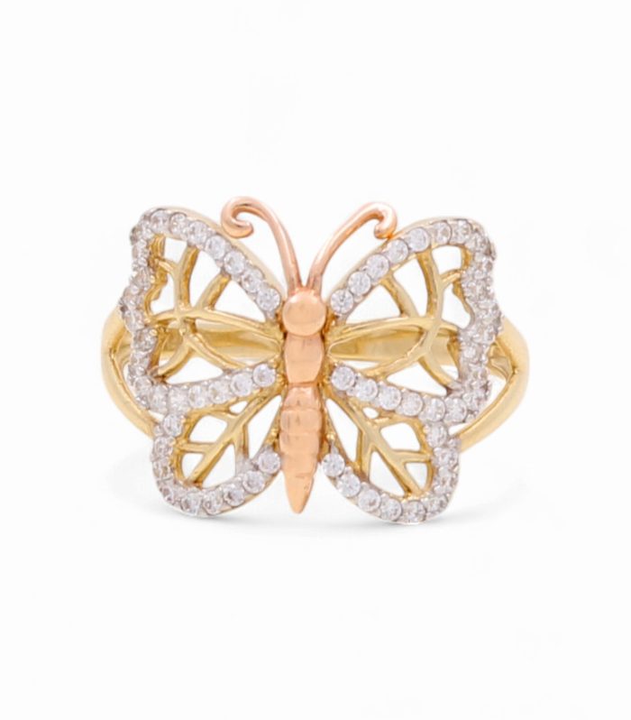 14k Three Tone Butterfly Women's Ring with Cz / Weight 2.3 GR / BOWR3T4BT-1
