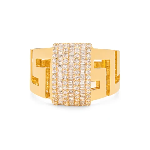 14K Yellow Gold Fashion Baguette Women's Ring with Greek and White Stones / Size: 8 / Weight: 4.8 GR / DQWR4FS-48