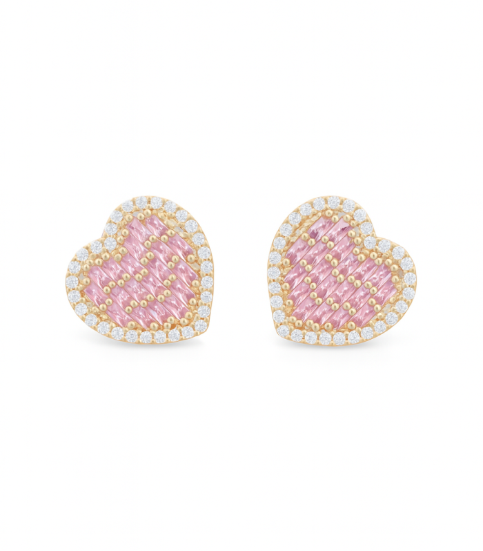 10K Yellow Gold Fashion Heart Baguette Stud Earrings with White and Pink Stones / Weight: 2 GR / CQES0HR-2