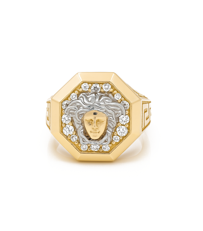 14K Yellow and White Fashion Medusa Men's Ring with White Cz / Size: 11.5 / Weight: 9.8 GR / DQMRTT4VS