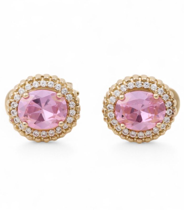 10K Yellow Gold Fashion Omega Stud Earrings with Pink and White Stones / Weight: 4.6 GR / CQES0FS