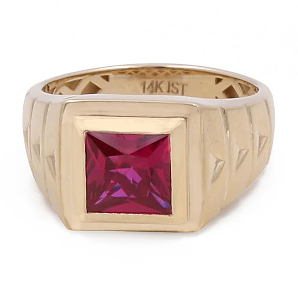 14K Yellow Gold SQ Fashion Men's Ring with Red Cz / Size: 11.5 / Weight 8.3 GR / BOMR4FS-49