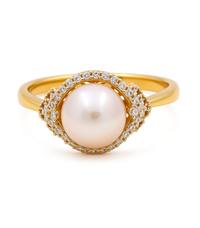 14K Yellow Gold Fashion Women's Ring with Pearl and Cz / Size: 7 / Weight: 2.6 GR / CEEWR4FS-4