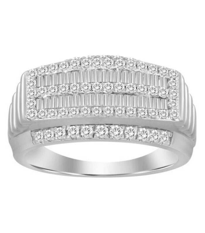 MEN'S RING 1.00CT ROUND/BAGUETTE DIAMOND 10K WHITE GOLD