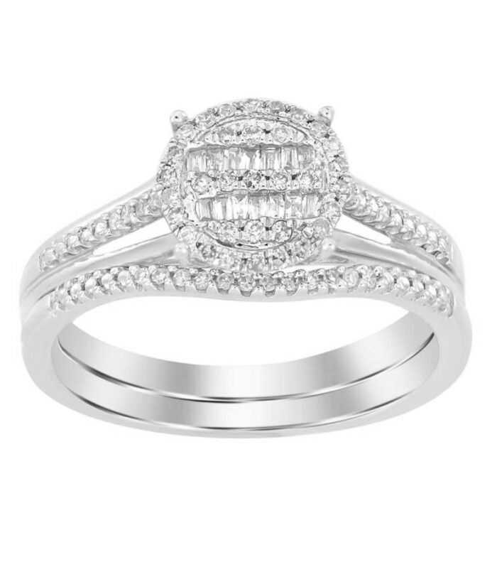 LADIES BRIDAL SET 0.25CT ROUND/BAGUETTE DIAMOND 10K WHITE GOLD