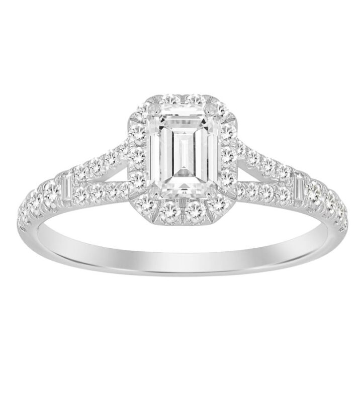 LADIES RING 1.00CT ROUND/BAGUETTE DIAMOND 14K WHITE GOLD (SI QUALITY) (CENTER STONE 0.50CT EMERALD DIAMOND)