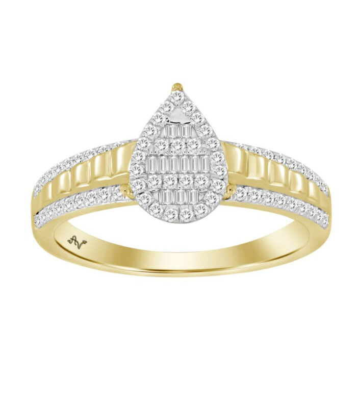 LADIES RING 0.25CT ROUND/BAGUETTE DIAMOND 10K YELLOW GOLD