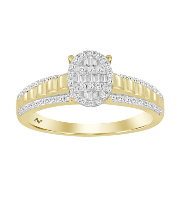 LADIES RING 0.25CT ROUND/BAGUETTE DIAMOND 10K YELLOW GOLD