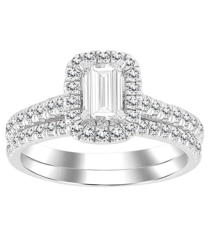 LADIES BRIDAL SET 1.25CT ROUND/EMERALD DIAMOND 14K WHITE GOLD (SI QUALITY)