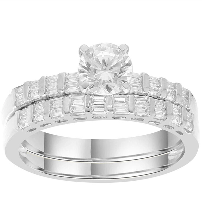 LADIES BRIDAL SET 1.10CT ROUND/BAGUETTE DIAMOND 14K WHITE GOLD (SI QUALITY) (CENTER STONE ROUND DIAMOND-0.75CT)