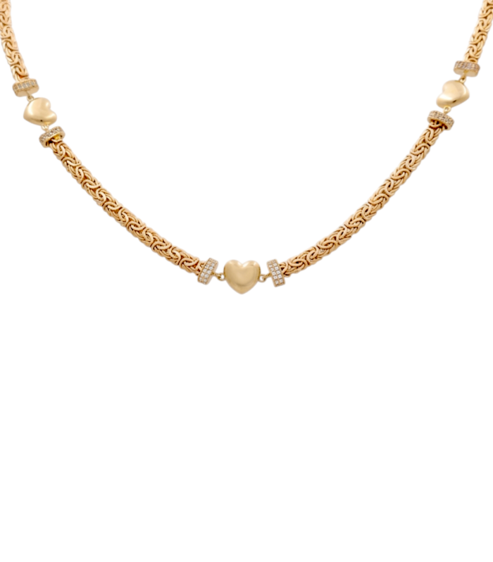 10K Yellow Gold Byzantine Link Women's Necklace with Three Hearts / Stone: Cz / Size: 17.5"" / Weight: 13.3 GR / DQNK0BZHR-2