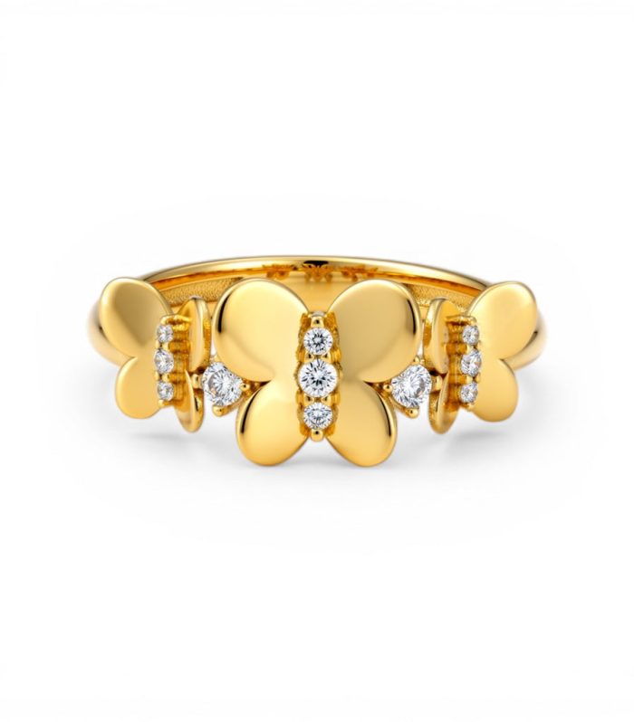 10K Yellow Gold Three Butterflies Women's Ring with Cz / Size: 7.5 / Weight: 2.2 GR / DQWR0BT-1