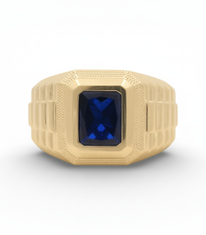 10K Yellow Gold SQ Men's Ring With Blue Cz / Size: 10 / Weight: 5.4 GR / DQMR0FS-2