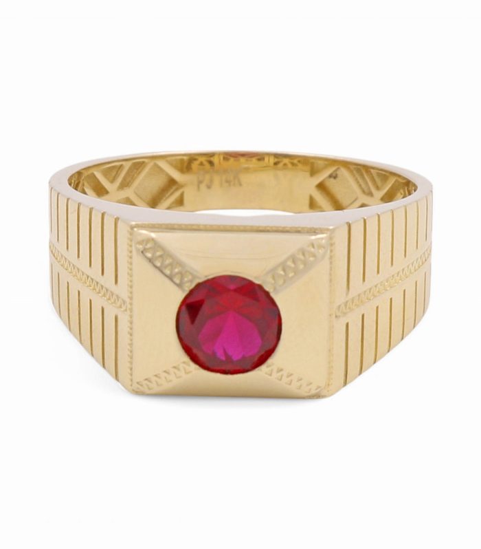 14K Yellow Gold RD Fashion Men's Ring With Red Cz / Size: 12 / Weight: 5.5 GR / CPMR4FS-5