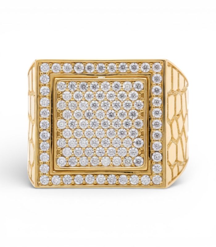 14K Yellow Gold SQ Nugget Men’s Ring with White Stones / Size 10.5 / Weight: 7.6 GR / M24-2