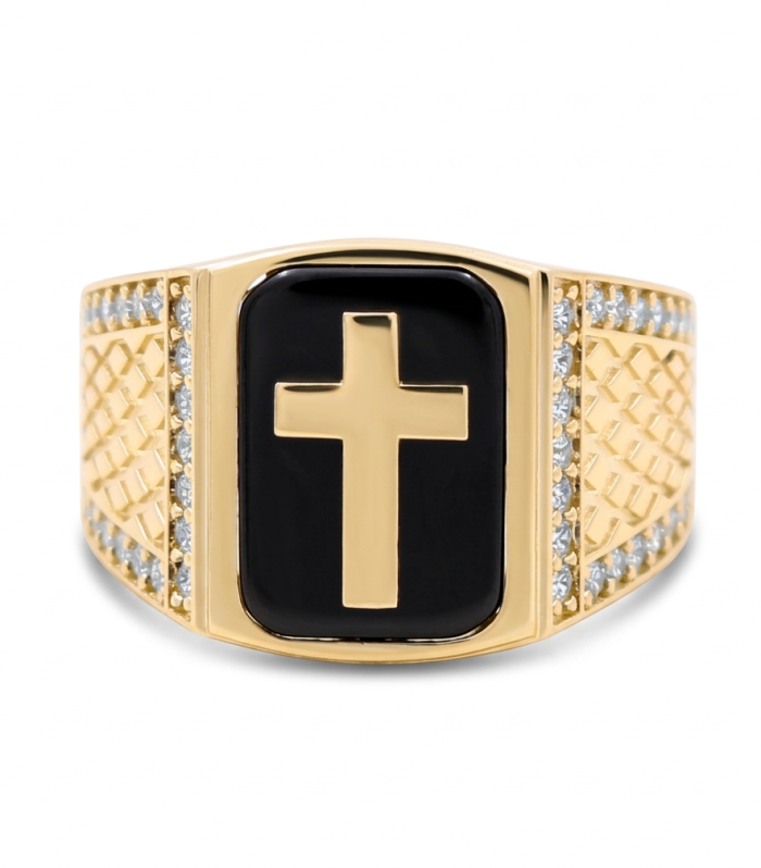 10K Yellow Gold SQ Cross Men's Ring with Onyx and Cz / Size: 11 / Weight: 7.4 GR / CQMR0CS-8