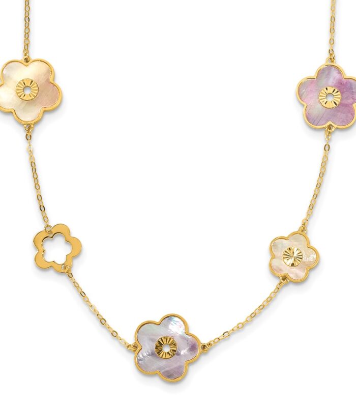 Herco 14K Polished Pink/Wht MOP Reversible Flower w/ 1in Ext 18in Necklace