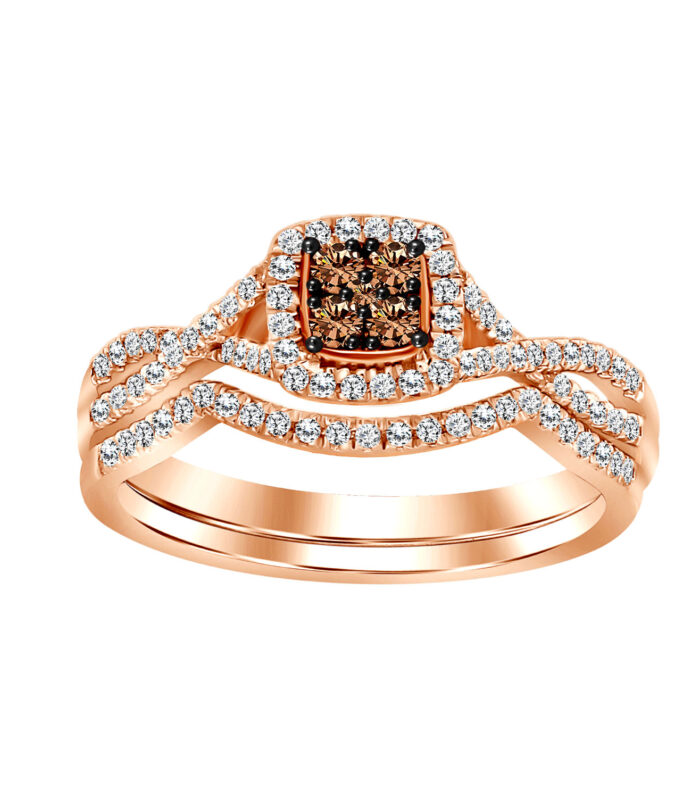LADIES BRIDAL SET 0.35CT ROUND/DARK BROWN DIAMOND 14K ROSE GOLD