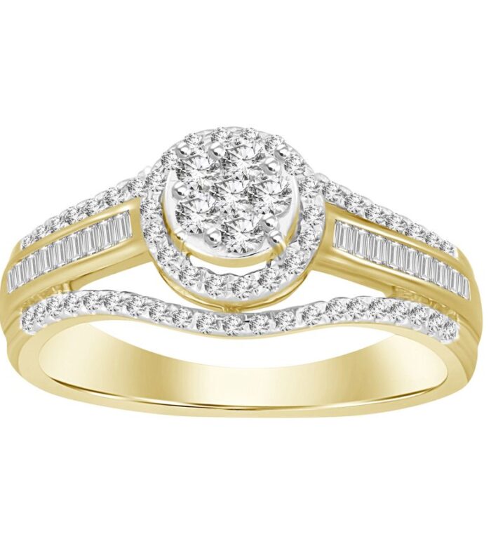 LADIES RING 0.50CT ROUND/BAGUETTE DIAMOND 10K YELLOW GOLD