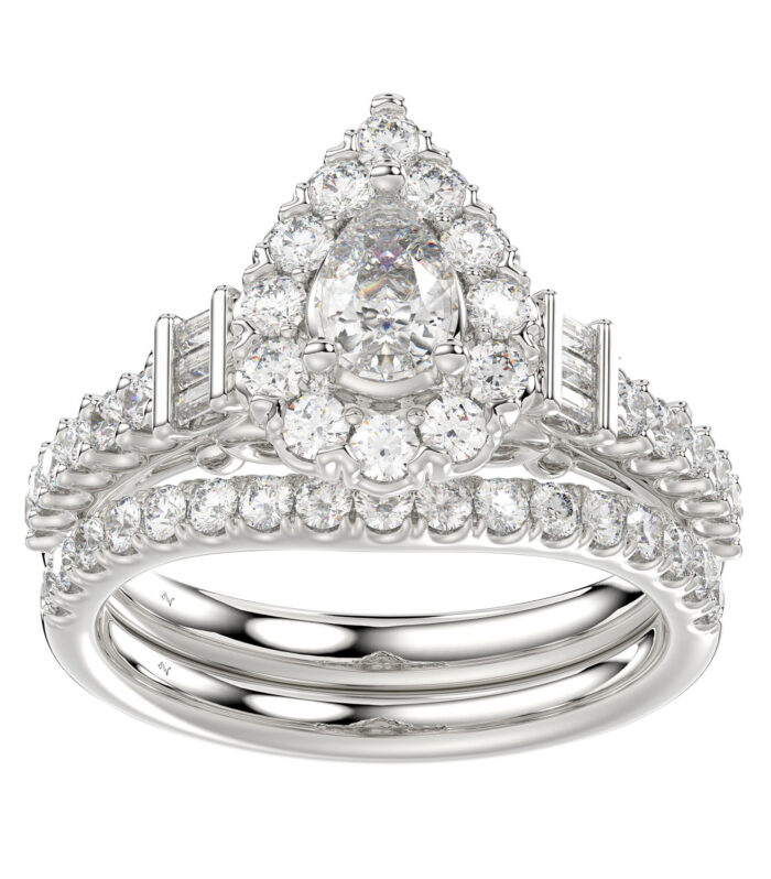 LADIES BRIDAL SET 1.50CT ROUND/BAGUETTE DIAMOND 14K WHITE GOLD (SI QUALITY) (CENTER STONE 0.50CT PEAR DIAMOND)