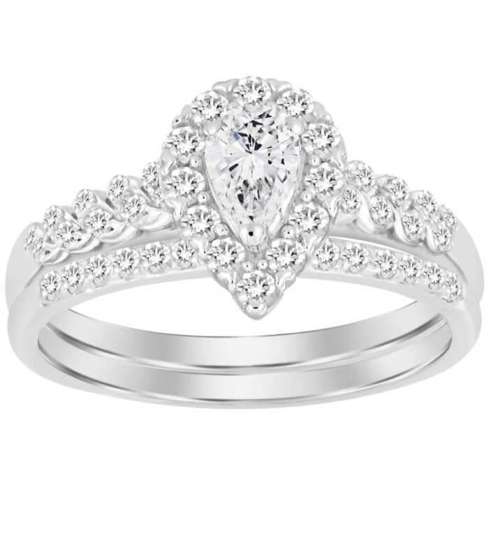 LADIES BRIDAL SET 0.50CT ROUND/PEAR DIAMOND 14K WHITE GOLD