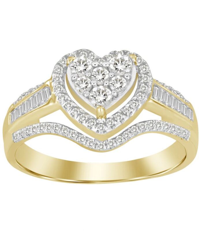 LADIES FASHION RING 0.50CT ROUND/BAGUETTE DIAMOND 10K YELLOW GOLD