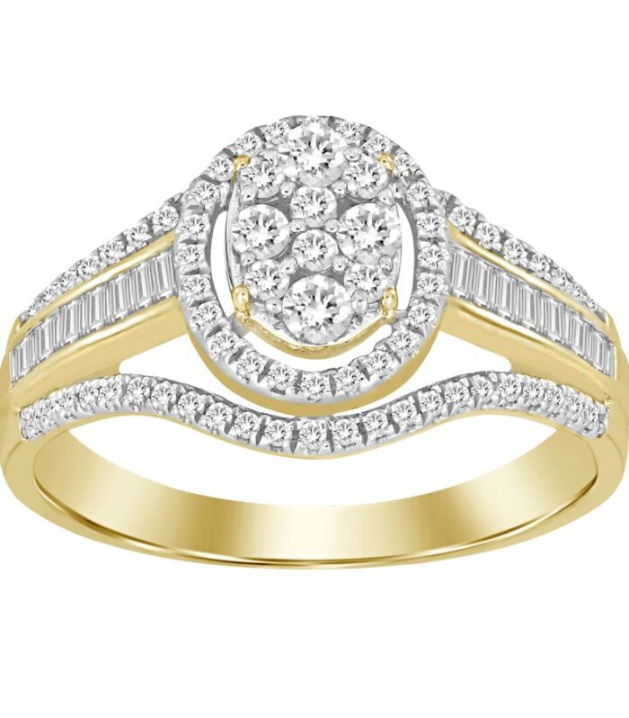 LADIES FASHION RING 0.50CT ROUND/BAGUETTE DIAMOND 10K YELLOW GOLD
