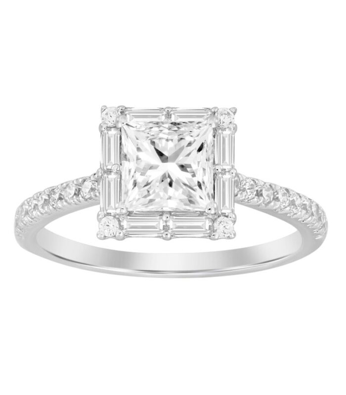 LADIES SEMI MOUNT RING 0.50CT ROUND/BAGUETTE DIAMOND 14K WHITE GOLD