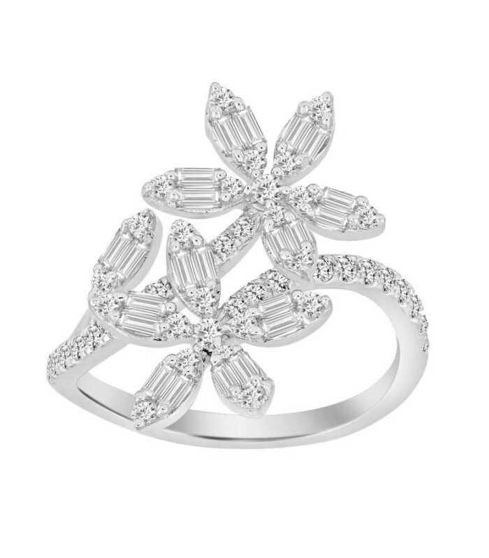 LADIES RING 0.75CT ROUND/BAGUETTE DIAMOND 14K WHITE GOLD