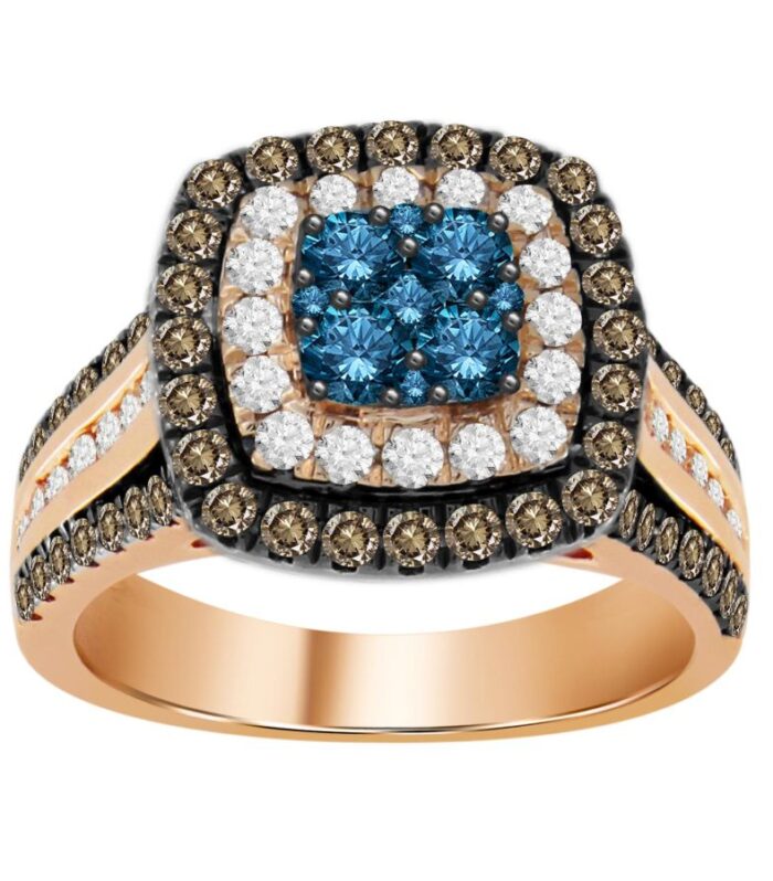 Luxury 14K Rose Gold Ladies Ring with Blue, Round White & Dark Brown Diamonds - 1.50 CT