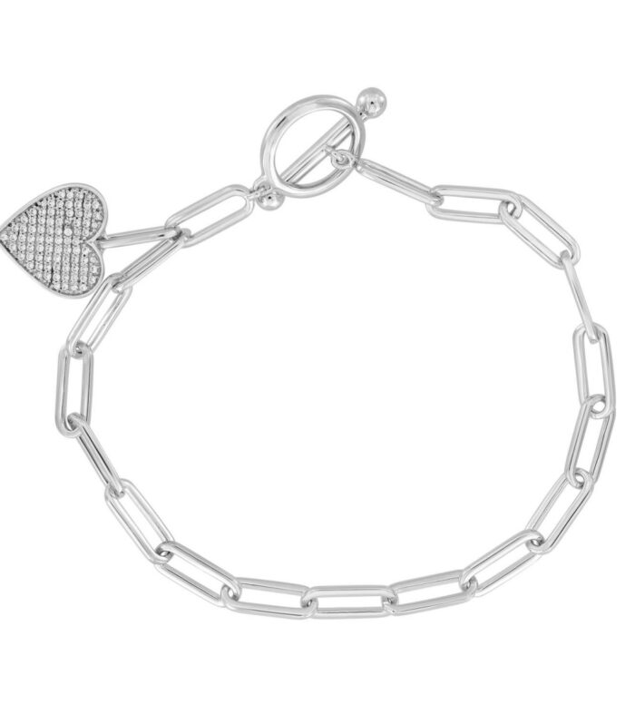 0.25CT Round Diamond Heart Charm Bracelet Sterling Silver White Paperclip Chain Bracelet For Women