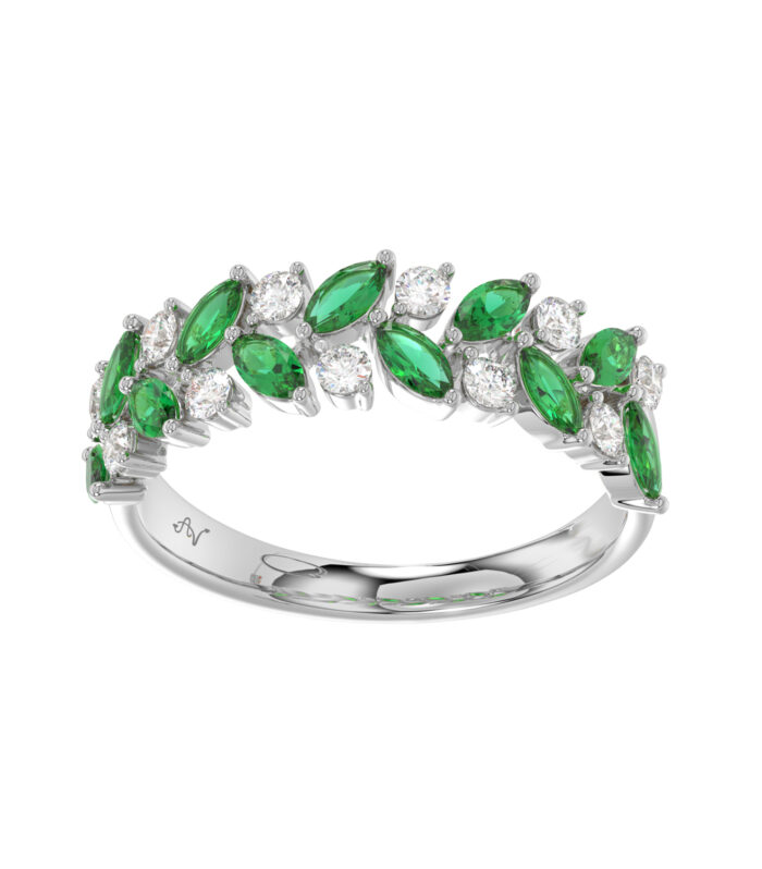LADIES RING 0.42CT ROUND/EMERALD/MARQUISE DIAMOND 14K WHITE GOLD (CENTER STONE MARQUISE EMERALD-0.08CT)