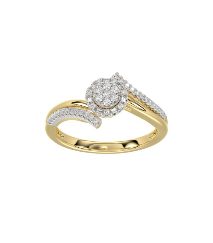 Elegant 10K Yellow Gold 0.20CT Round & Baguette Diamond Halo Ring For Women