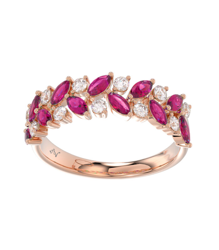 LADIES RING 1.40CT ROUND/RUBY/MARQUISE DIAMOND 14K ROSE GOLD (CENTER STONE MARQUISE RUBY-1.05CT)