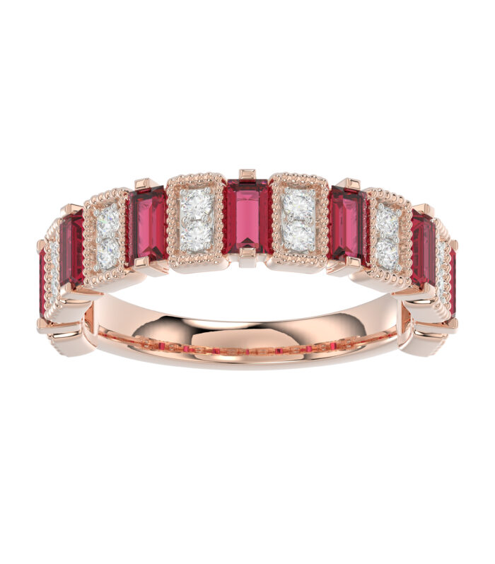 LADIES BAND 1.30CT ROUND/BAGUETTE RUBY DIAMOND 14K ROSE GOLD