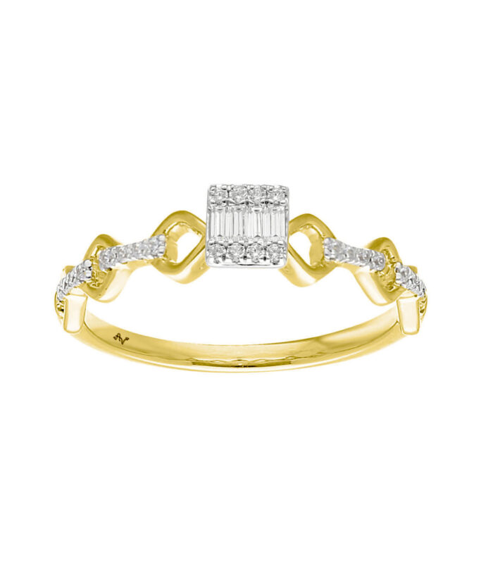 Elegant 0.15Ct Baguette & Round Diamond Promise Ring Twisted 10K Yellow Gold For Woman