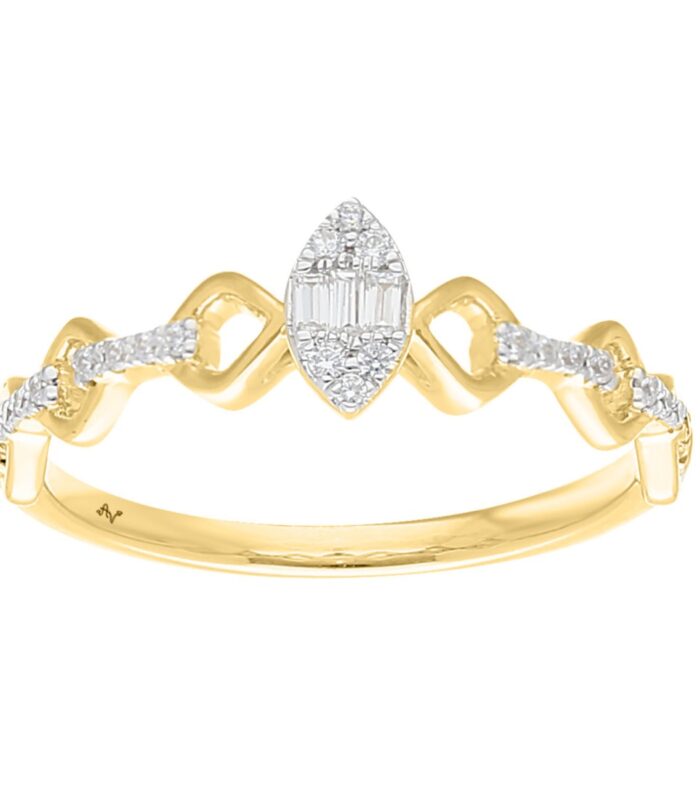 10K Yellow Gold 0.15CT Diamond Halo Ring Round & Baguette Promise Ring For Women