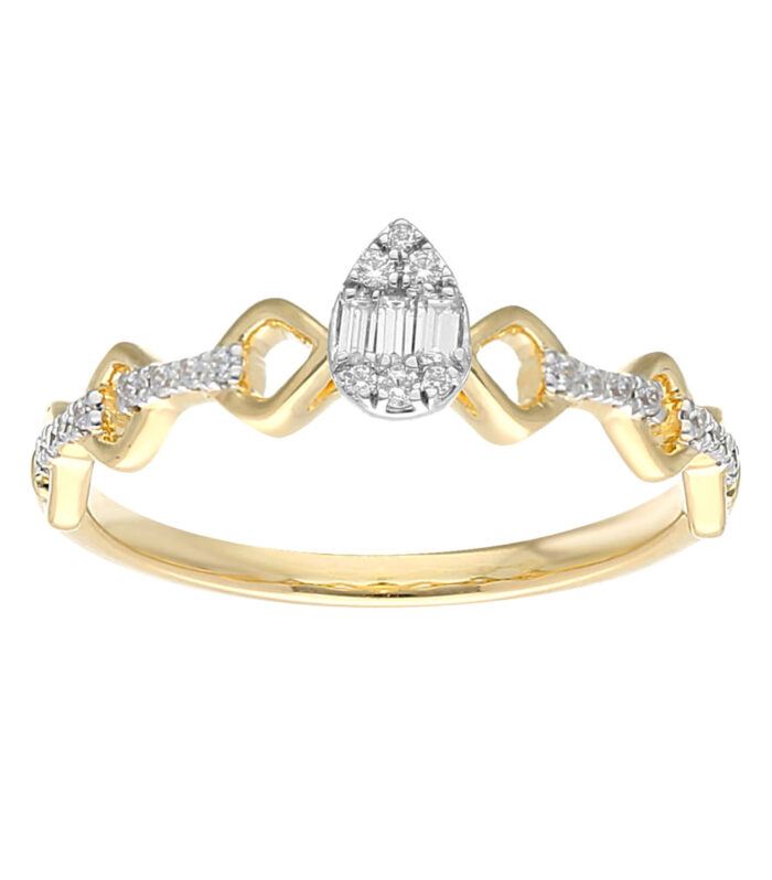 Ladies 0.15Ct Diamond Teardrop Halo Promise Ring – Baguette & Round Cut Diamonds In 10K Yellow Gold