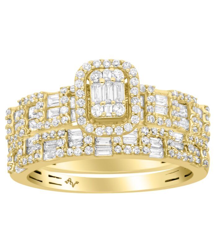 14K Yellow Gold Diamond Bridal Set 1.00CT Round & Baguette Cluster Engagement Ring & Wedding Band