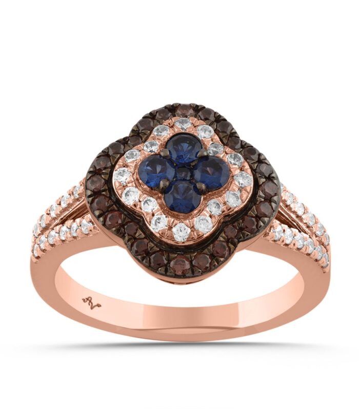 Elegant 14K Rose Gold 0.75CT Round Diamond Halo Ring With Brown & Blue Diamonds For Women