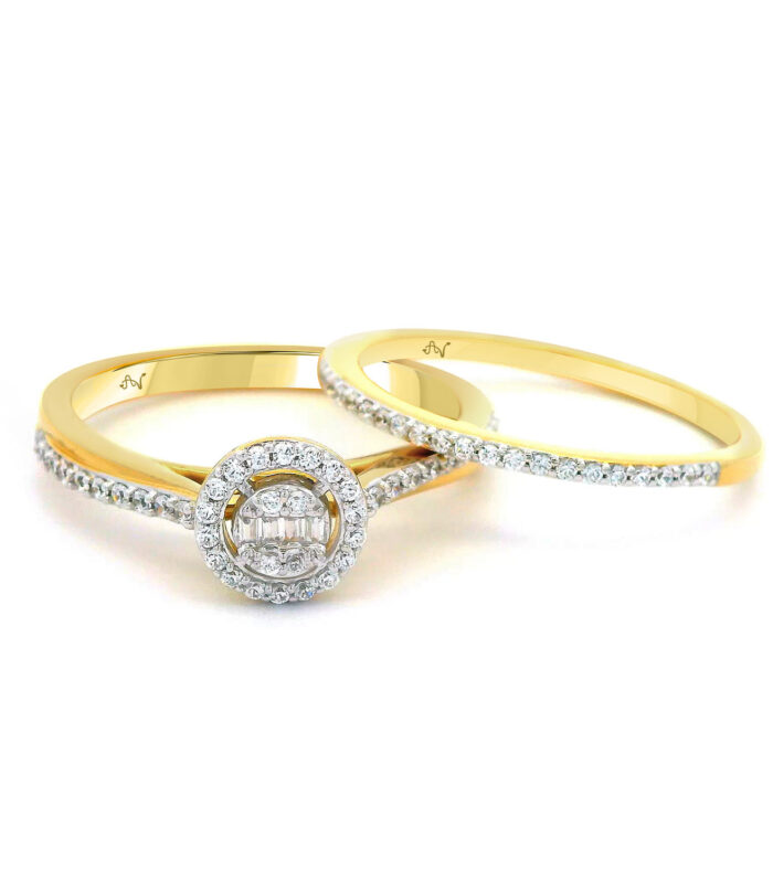 LADIES BRIDAL SET 0.32CT ROUND/BAGUETTE DIAMOND 14K YELLOW GOLD