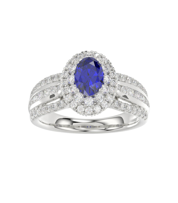 LADIES RING 1.65CT ROUND/BLUE SAPPHIRE OVAL DIAMOND 14K WHITE GOLD (CENTER STONE 0.94CT BLUE SAPPHIRE OVAL DIAMOND)